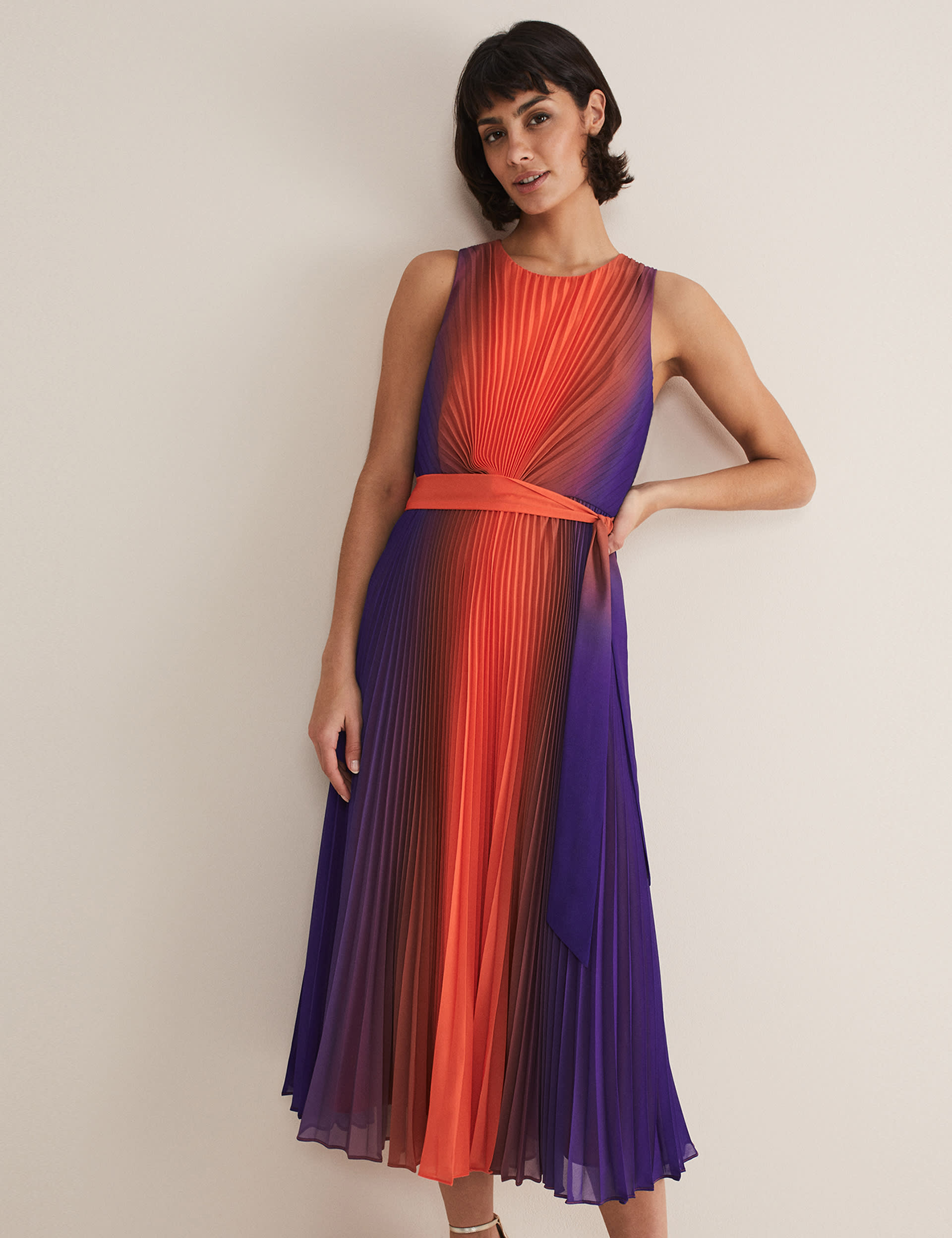 Round Neck Pleated Belted Midi Tea Dress | Phase Eight | M&S