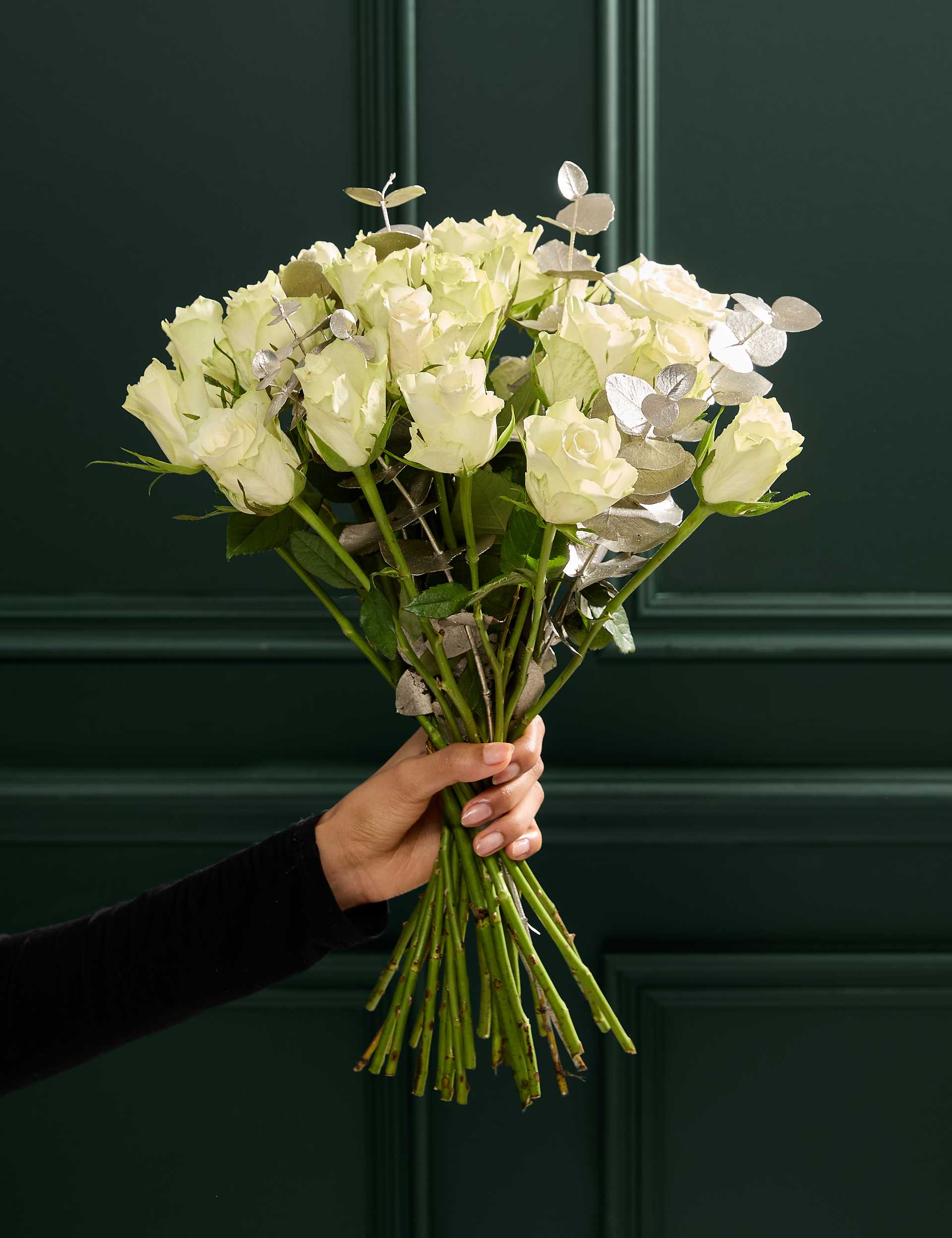 Festive White Rose & Champagne Eucalyptus Bouquet