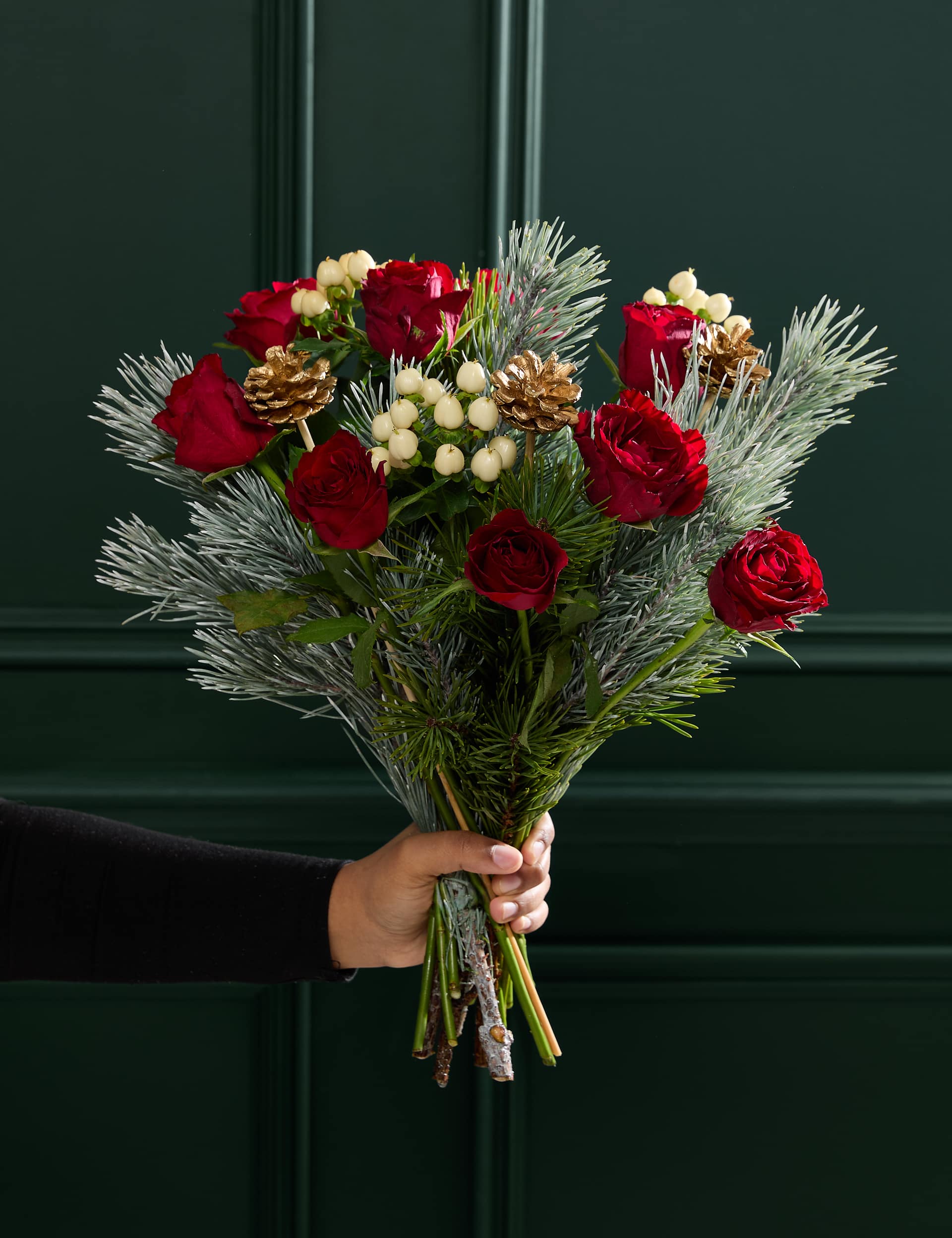 Festive Red Rose & Hypericum Bouquet