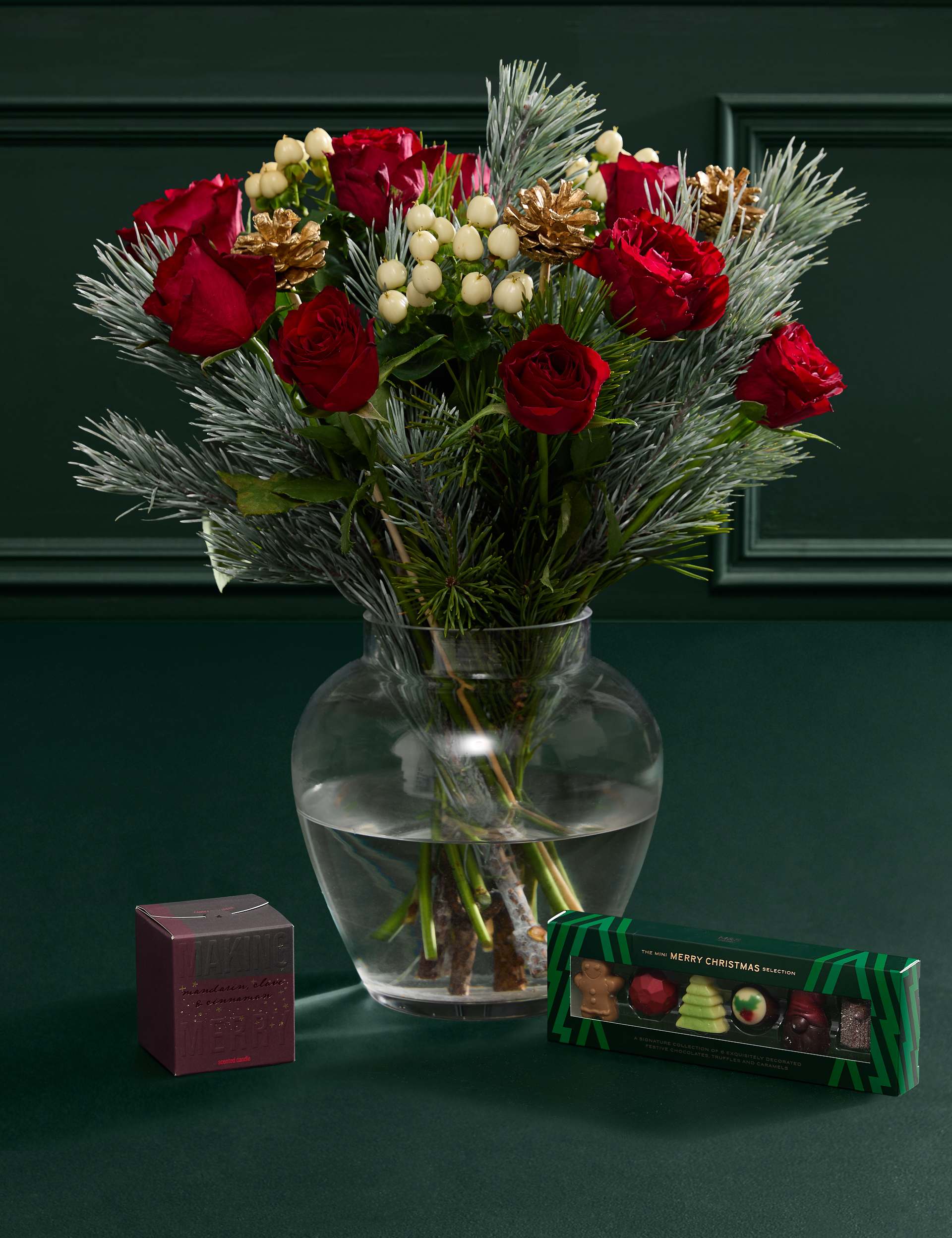 Red Rose & Hypericum Bouquet with Mini Christmas Chocolates & Candle