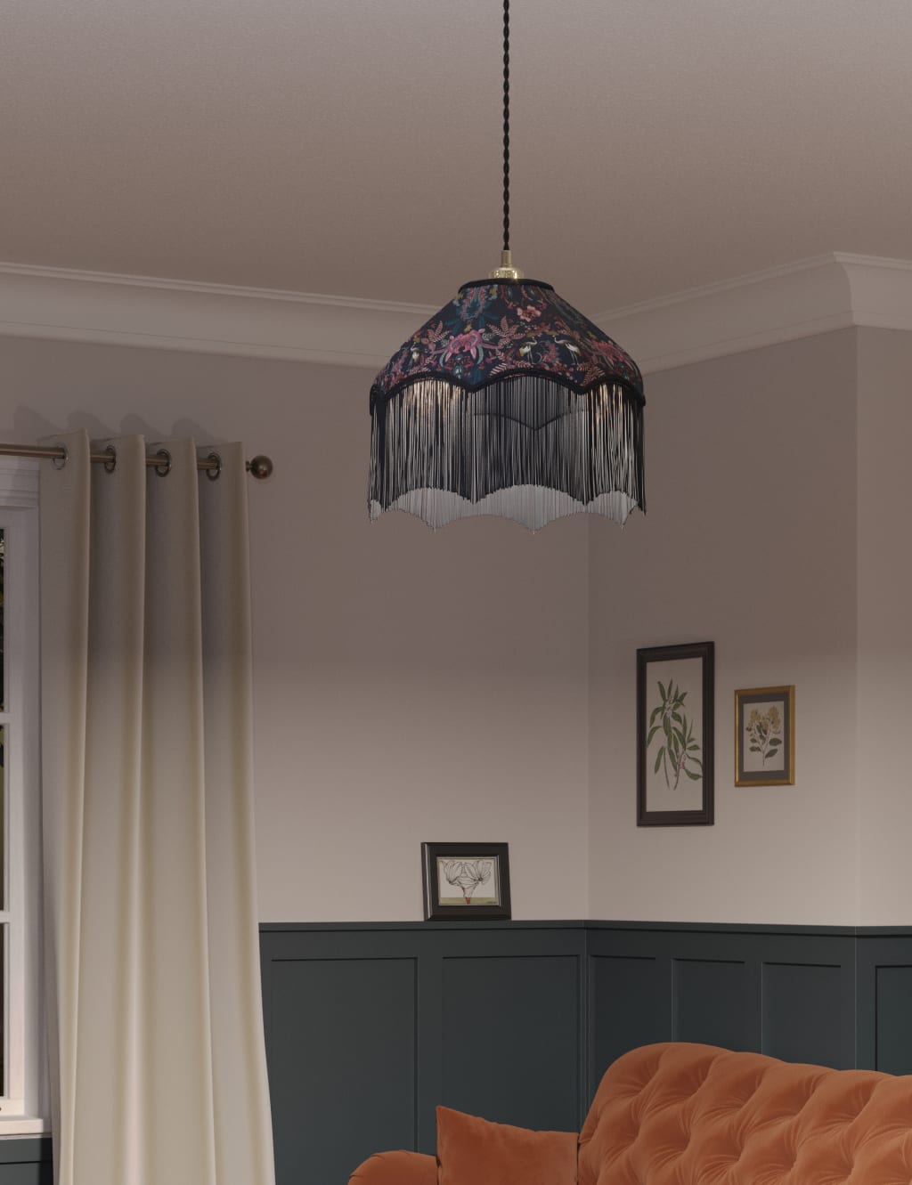 Velvet Printed Fringed Ceiling Lamp Shade 2 of 5