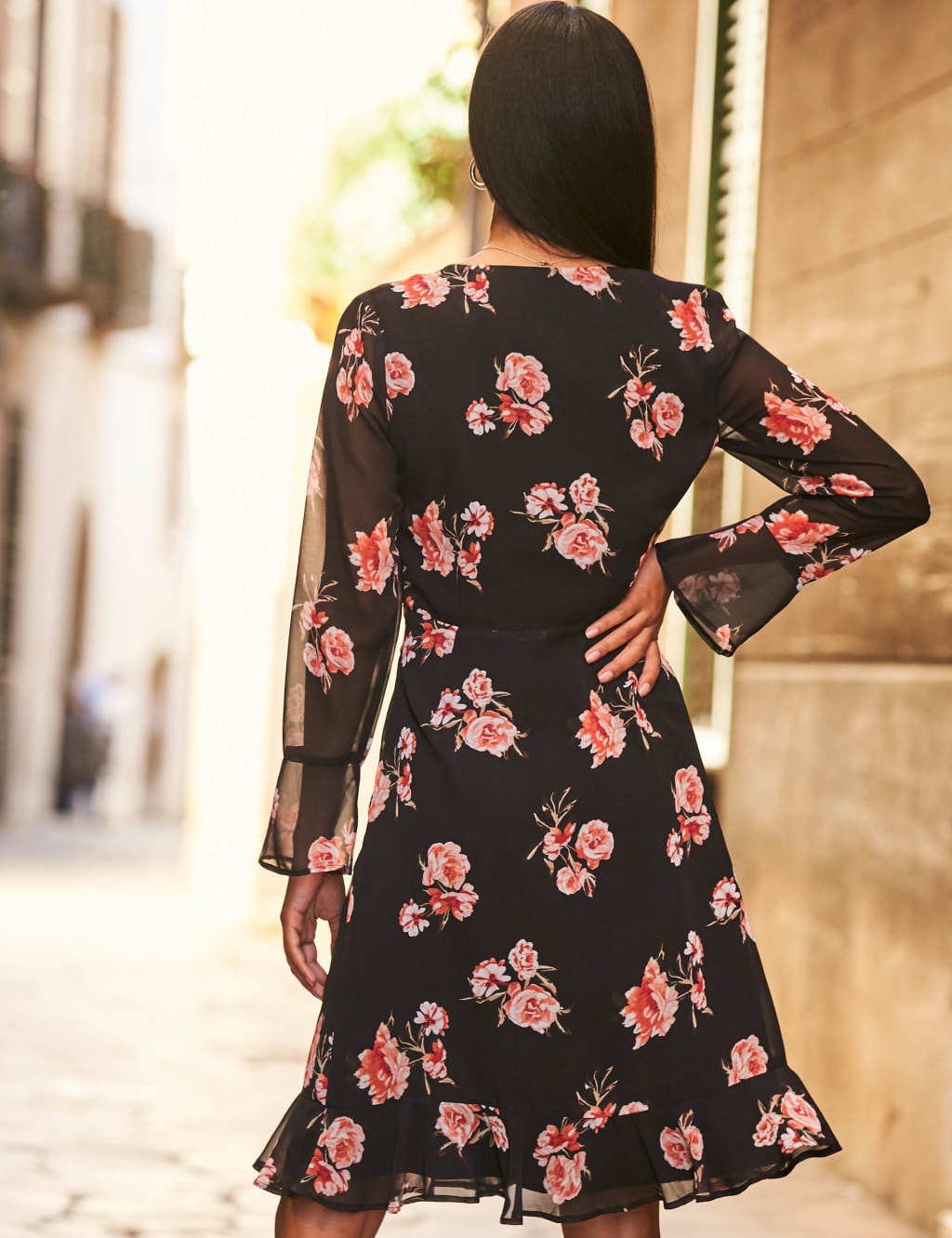 Floral V Neck Knee Length Wrap Dress SOSANDAR M S