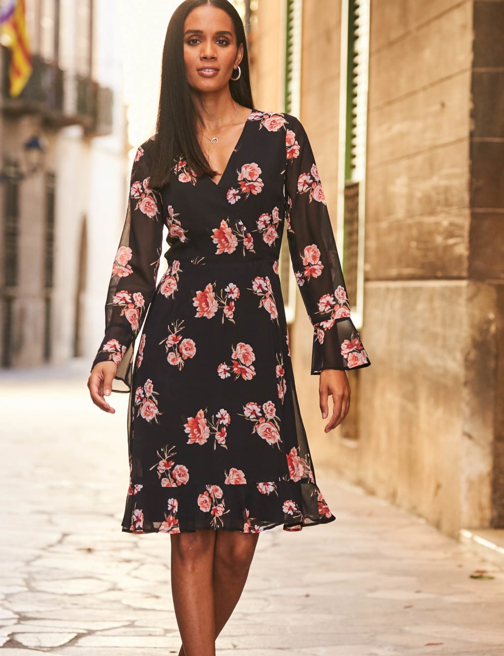 Dark floral dress with sleeves clearance