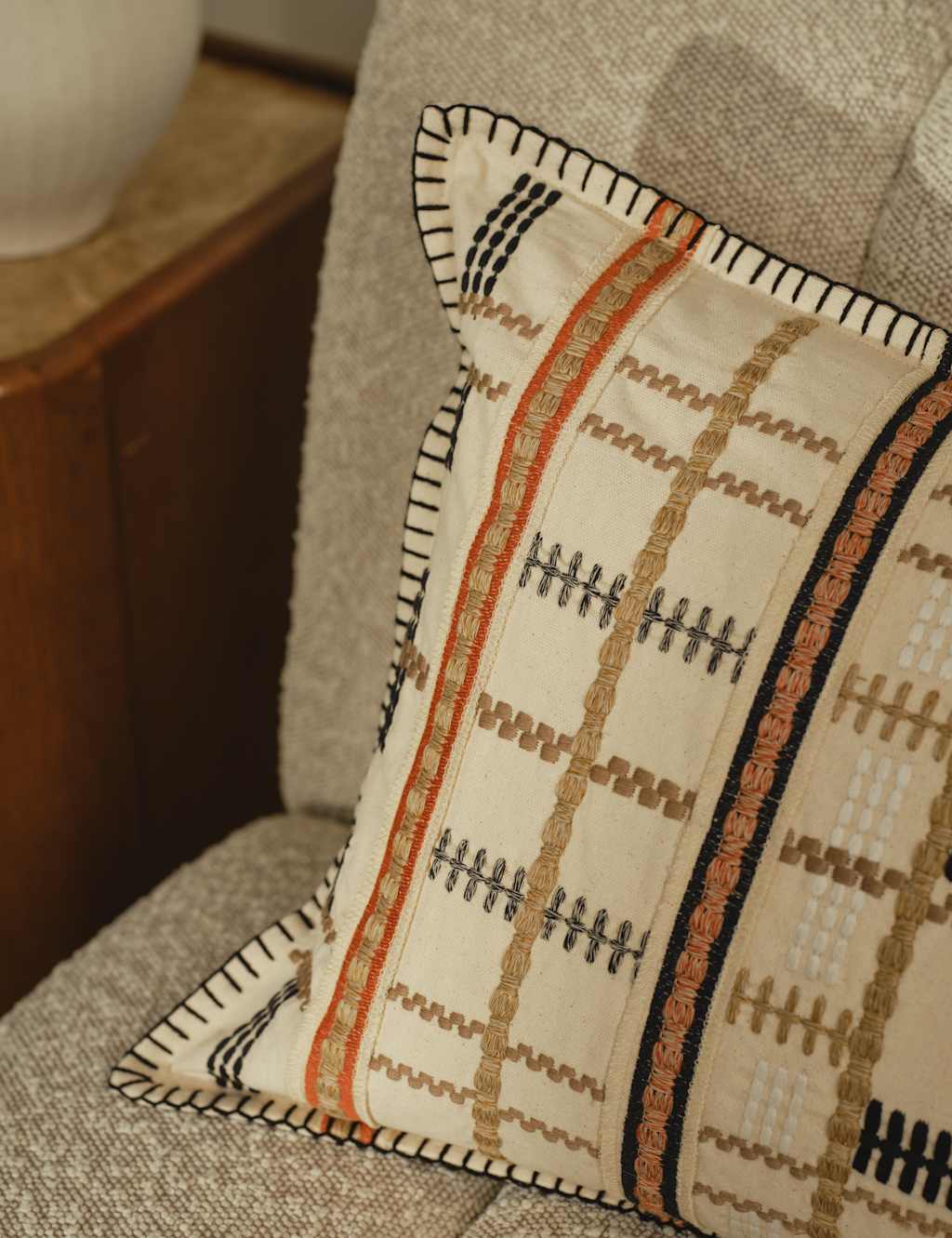 Pure Cotton Grid Embroidered Bolster Cushion 6 of 6