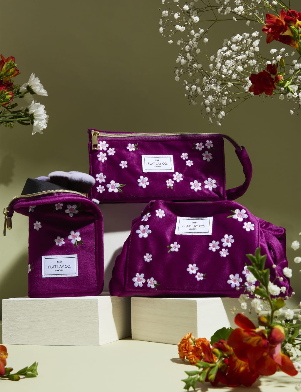 Drawstring Makeup Bag in Embroidered Daisy Plum Velvet 7 of 9