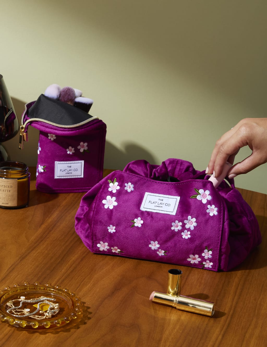 Drawstring Makeup Bag in Embroidered Daisy Plum Velvet 8 of 9