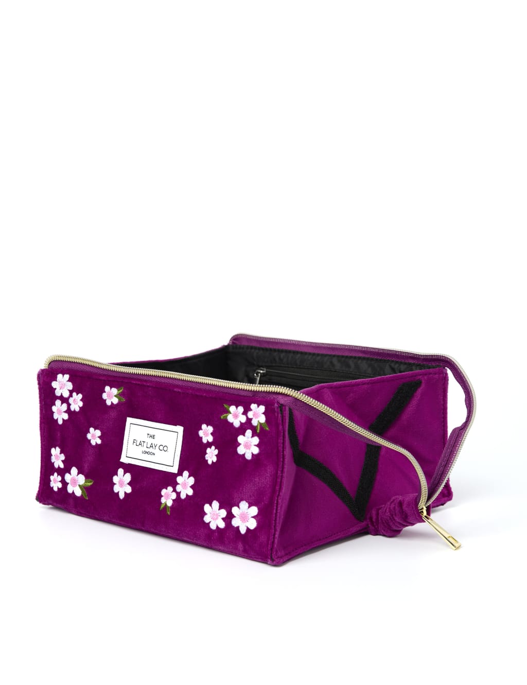 Open Flat Box Makeup Bag in Embroidered Daisy Plum Velvet 3 of 8