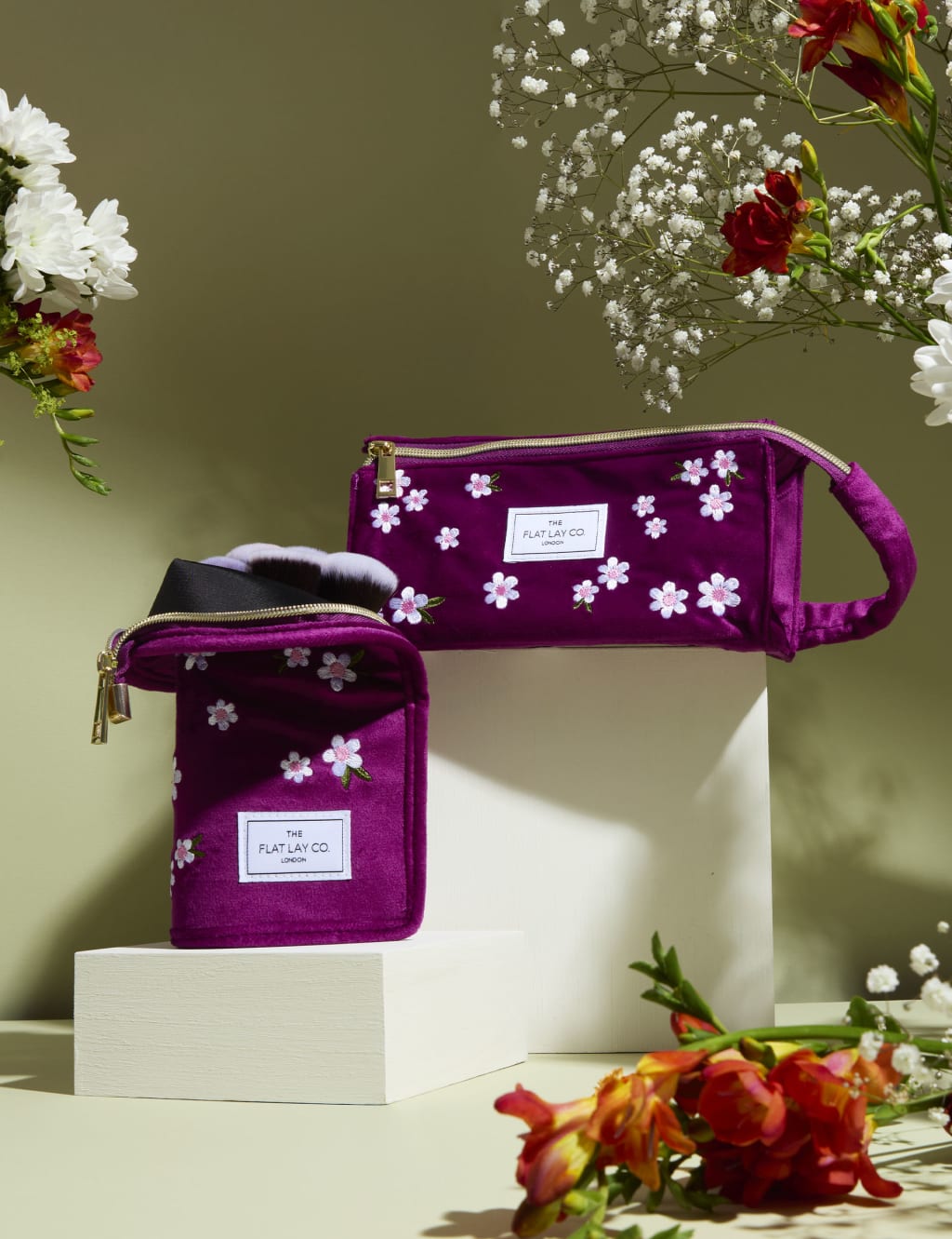 Open Flat Box Makeup Bag in Embroidered Daisy Plum Velvet 7 of 8