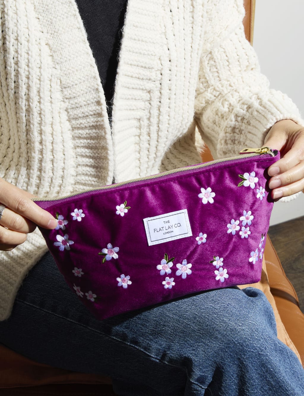 Essential Pouch in Embroidered Daisy Plum Velvet The Flat Lay Co. M S