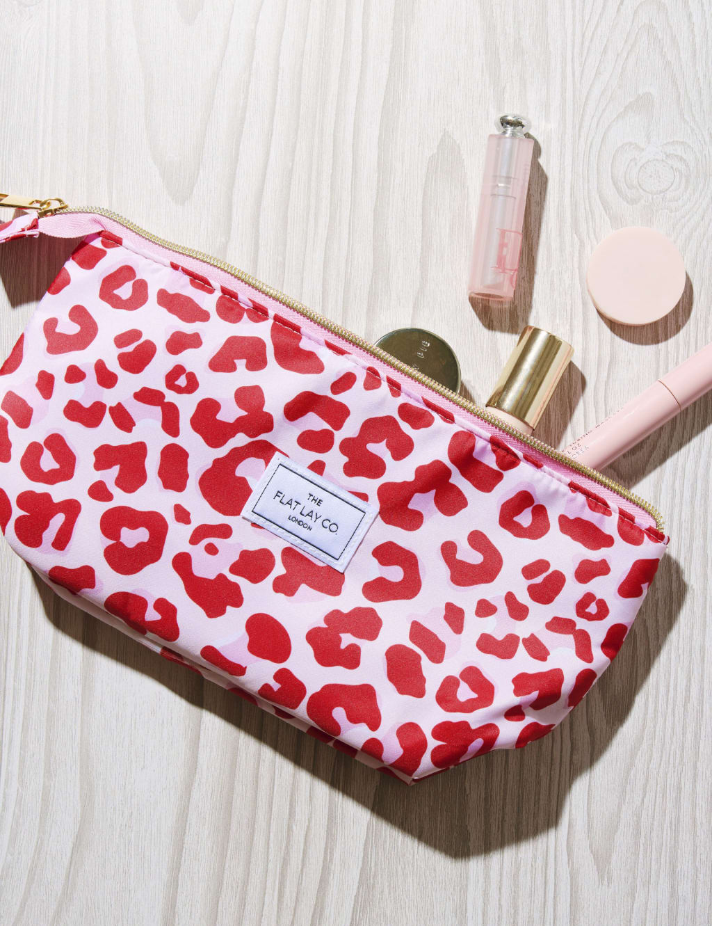 Essential Makeup Pouch In Pink Leopard Flat Lay Co M S