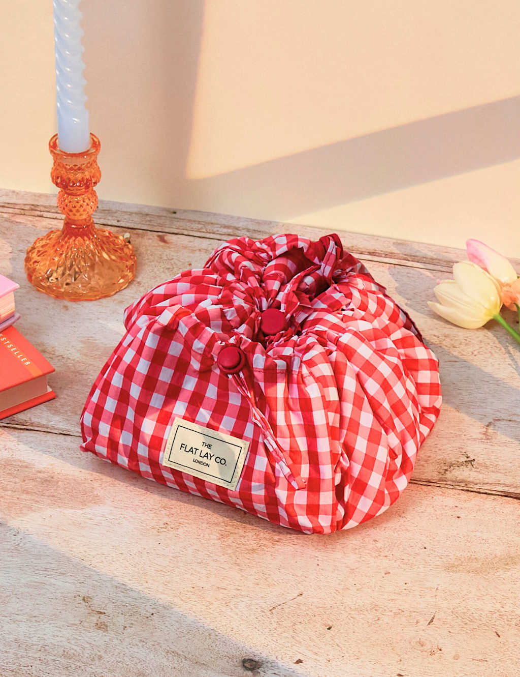 Drawstring Flat Lay Makeup Bag - Red Gingham 2 of 7