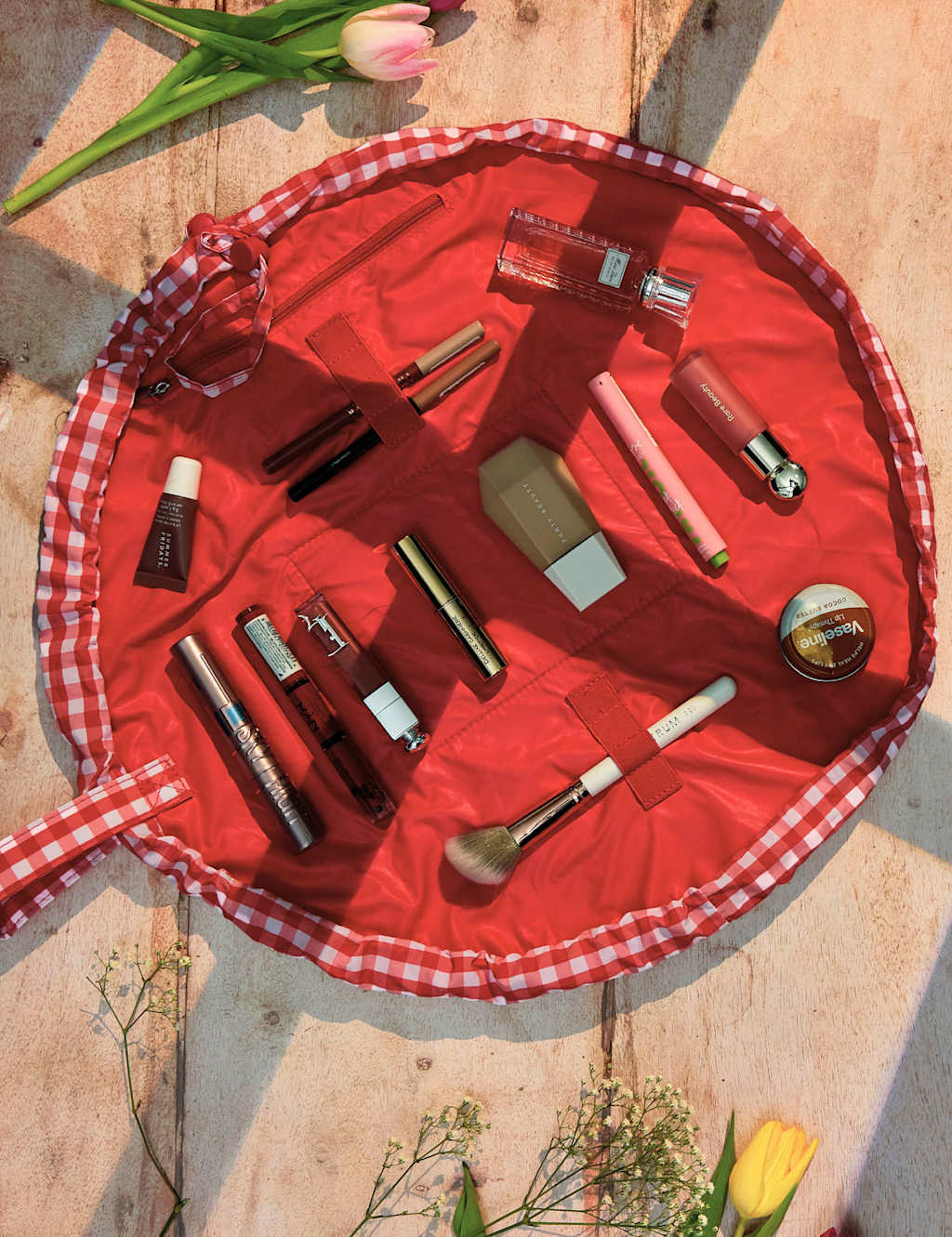 Drawstring Flat Lay Makeup Bag - Red Gingham 3 of 7