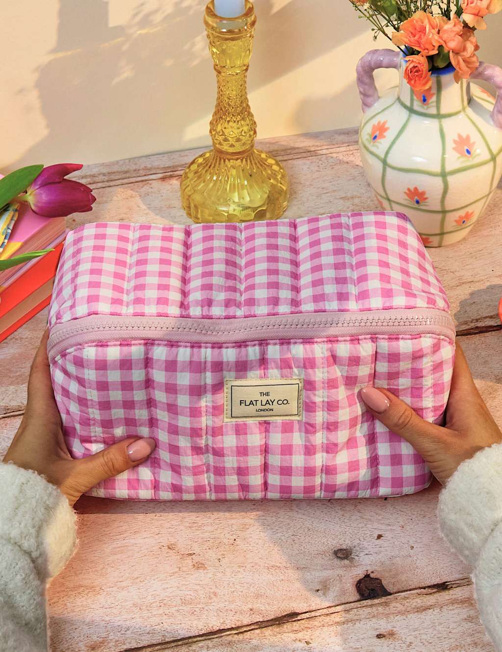 Flat Lay Makeup Box Bag - Pink Gingham Marshmallow 2 of 7