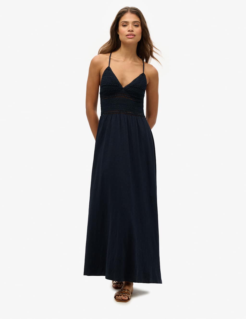 Jersey Lace V Neck Maxi Waisted Dress