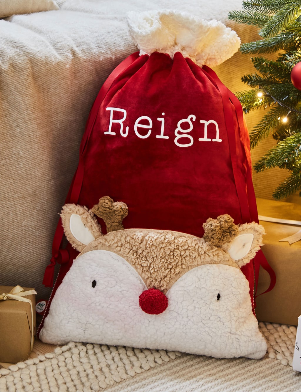Personalised Reindeer Velvet Sack 1 of 4