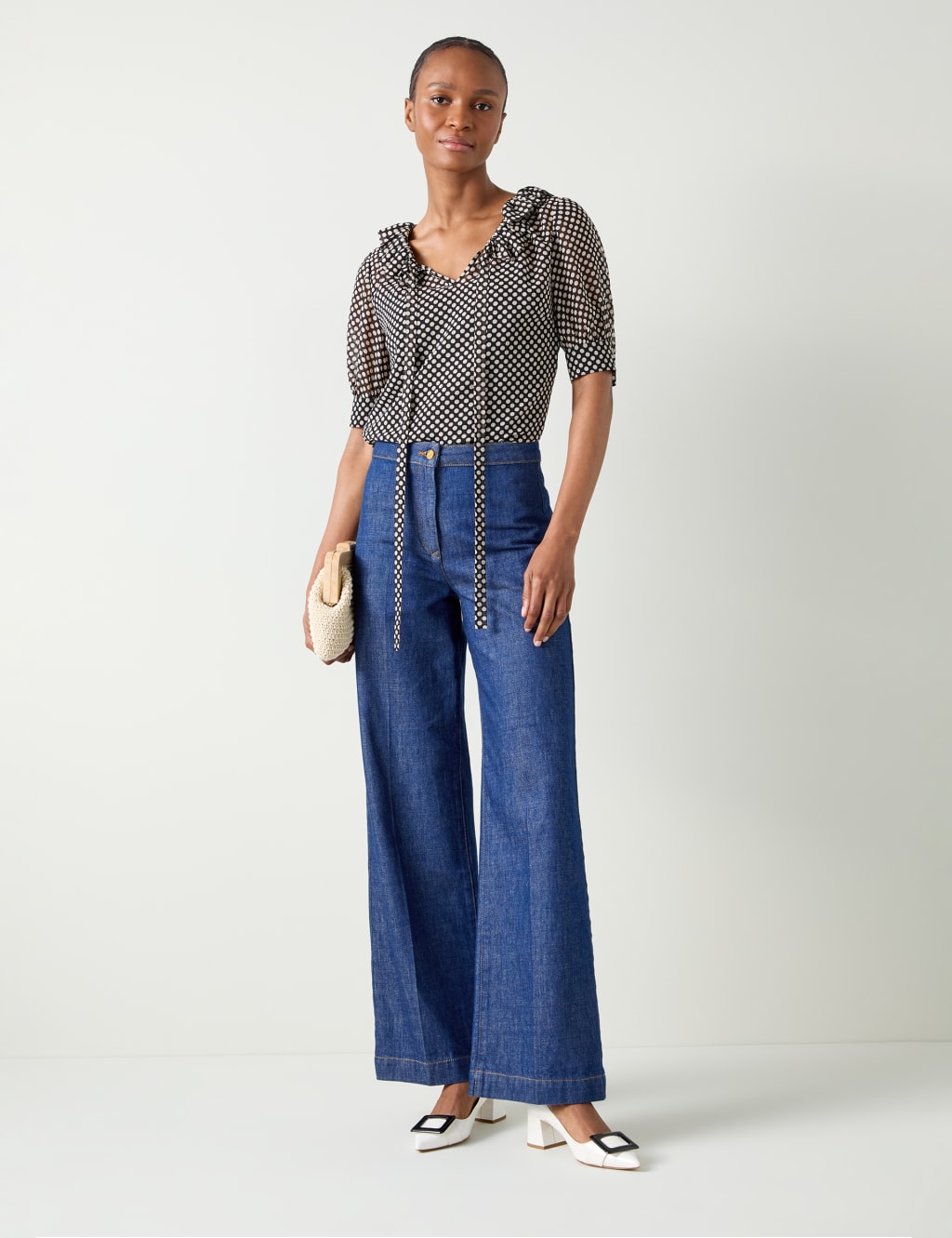 Polka Dot Frill Neck Blouse