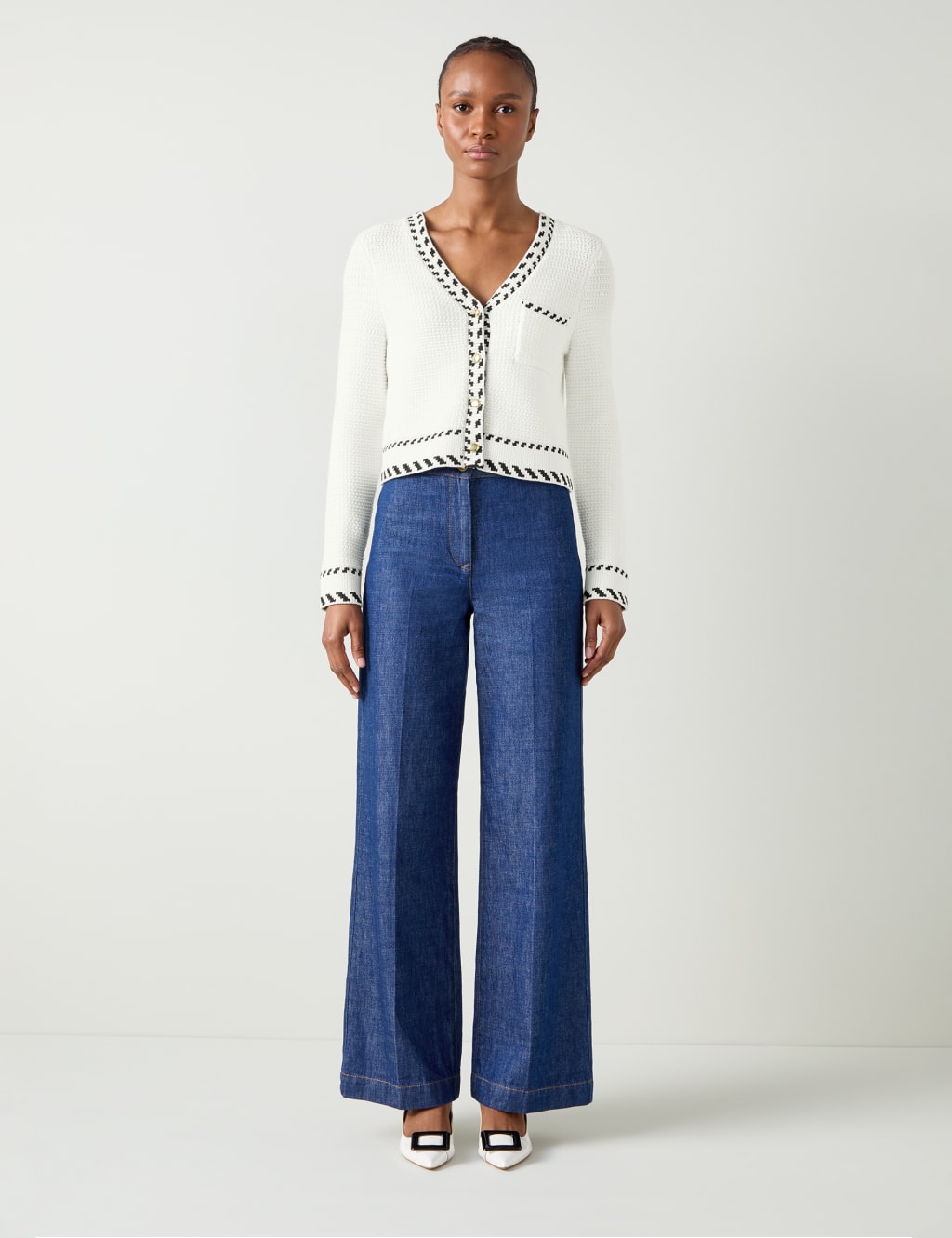 Cotton Rich Textured V Neck Cardigan LK BENNETT M S