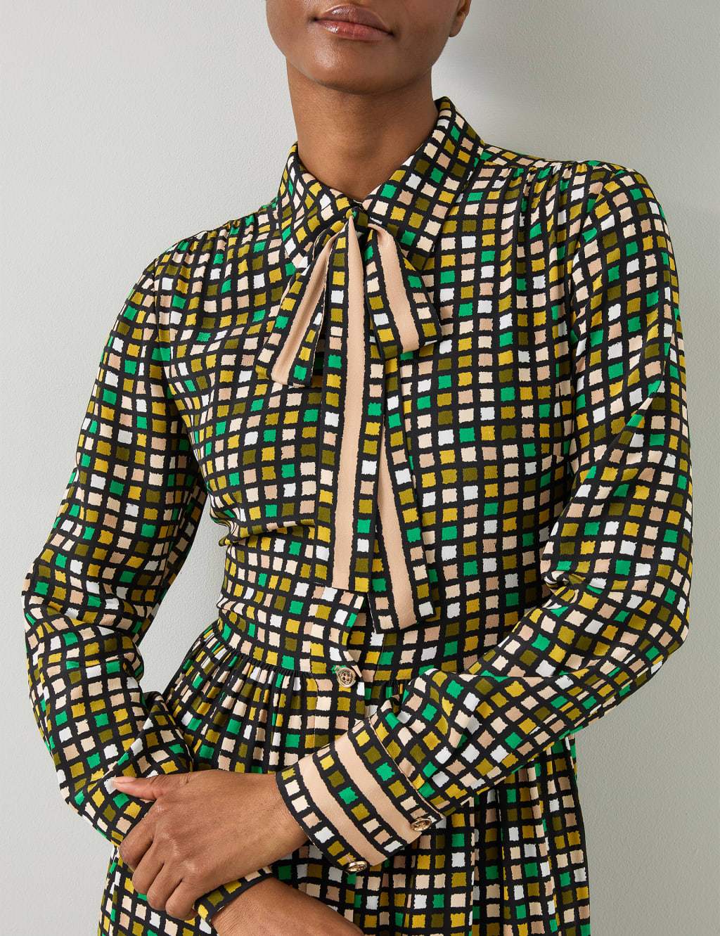 Pure Silk Geometric Tie Neck Shirt Dress 4 of 4