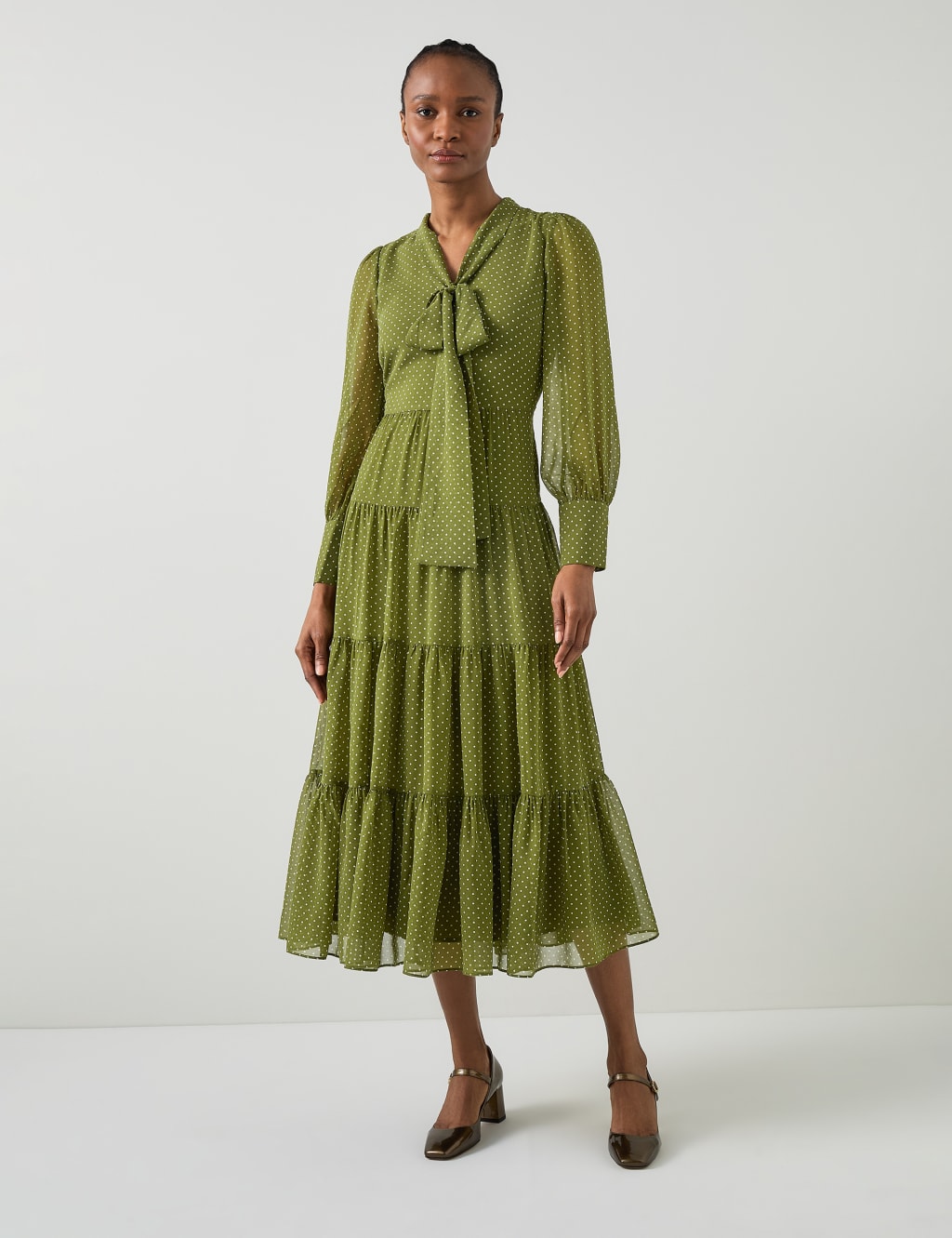 Polka Dot Tie Neck Midi Tiered Dress LK BENNETT M S