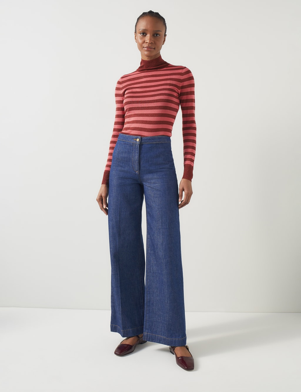 Metallic Striped Funnel Neck Knitted Top 1 of 4