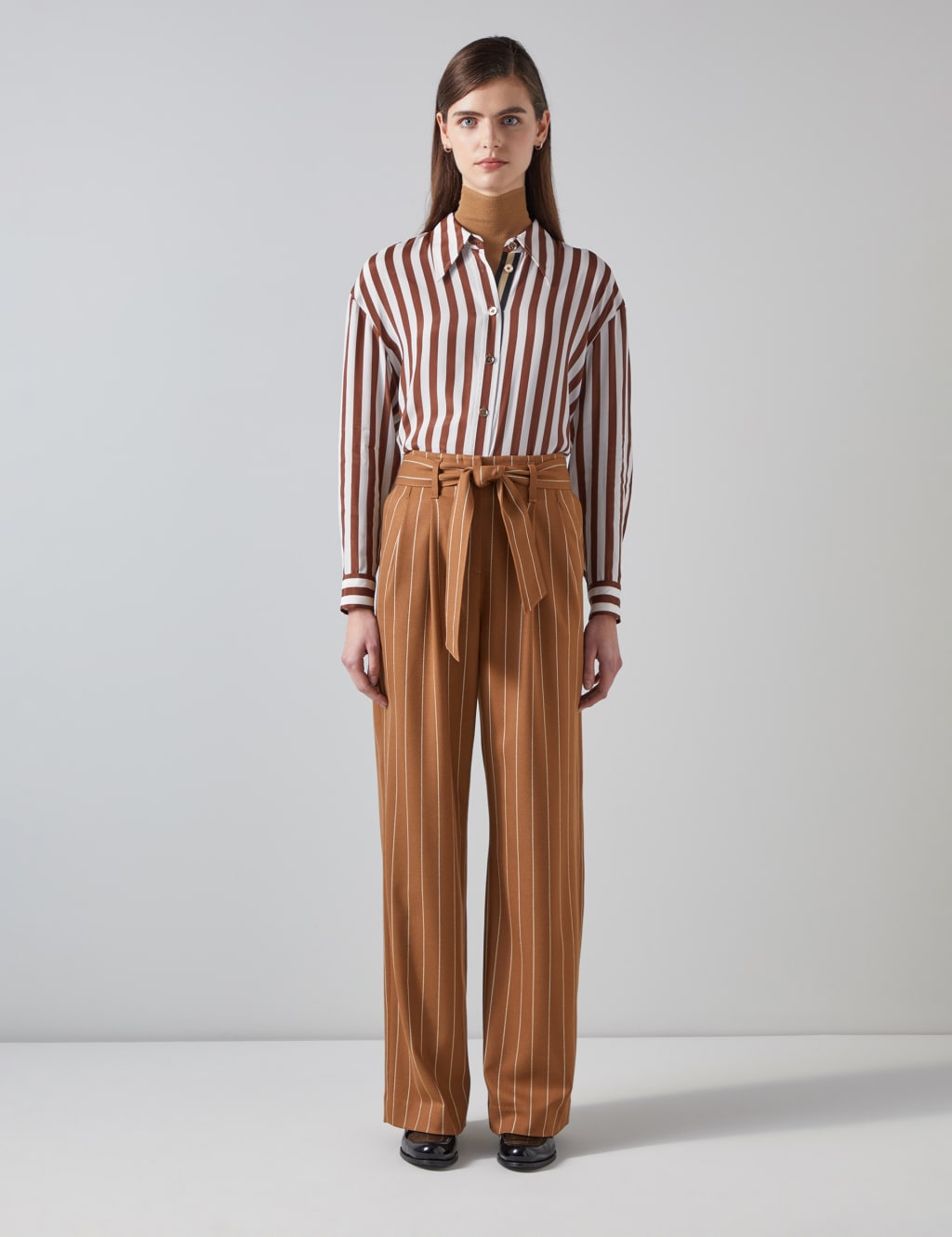 Striped Pleat Front Belted Wide Leg Trousers