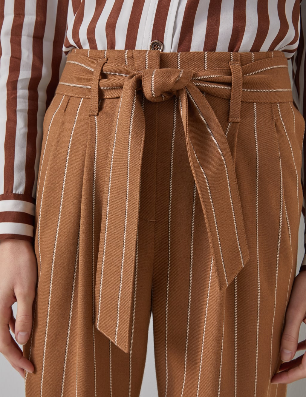 Striped Pleat Front Belted Wide Leg Trousers