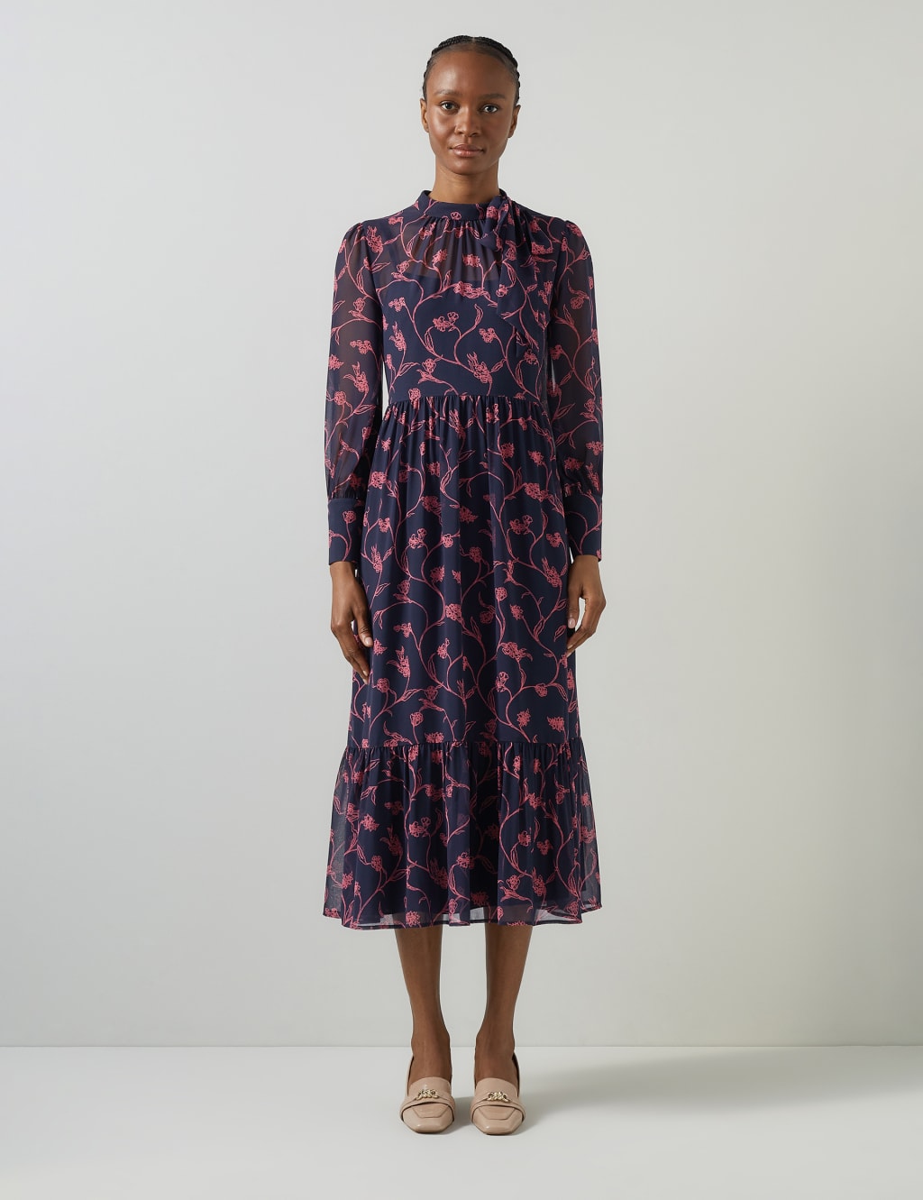 Floral Tie Neck Midi Skater Dress