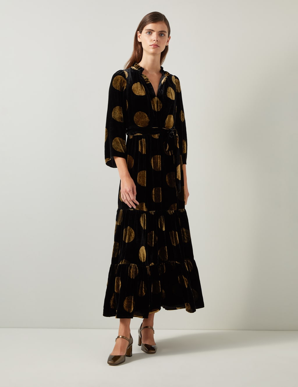 Velvet Polka Dot Midi Skater Dress with Silk