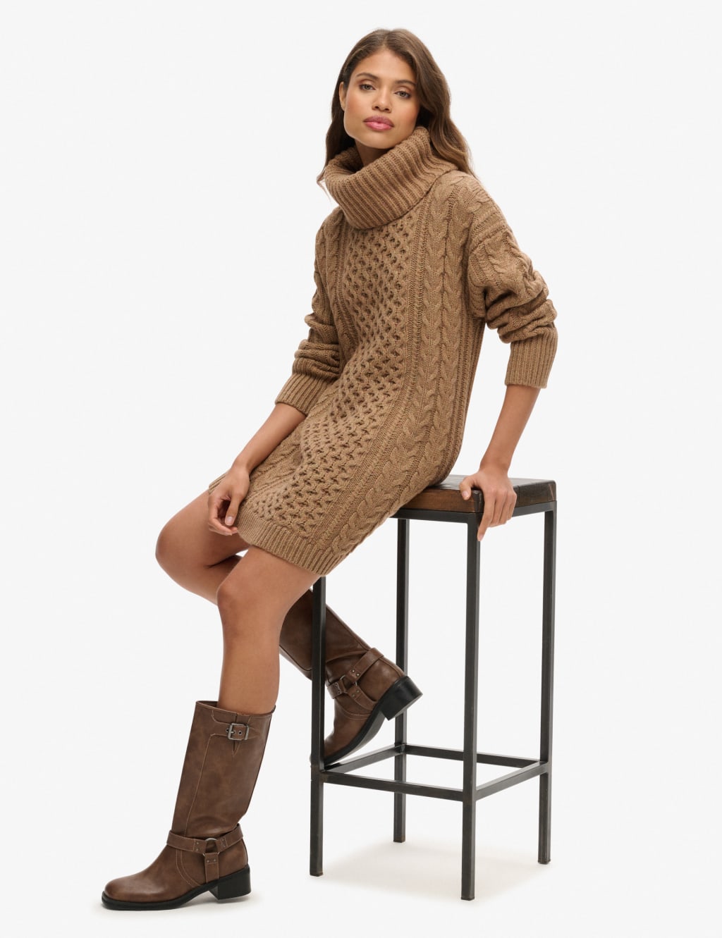 Cable Knit Roll Neck Jumper Dress with Wool 3 of 6