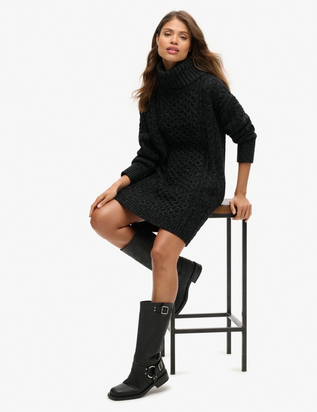 Cable Knit Roll Neck Jumper Dress with Wool 3 of 7