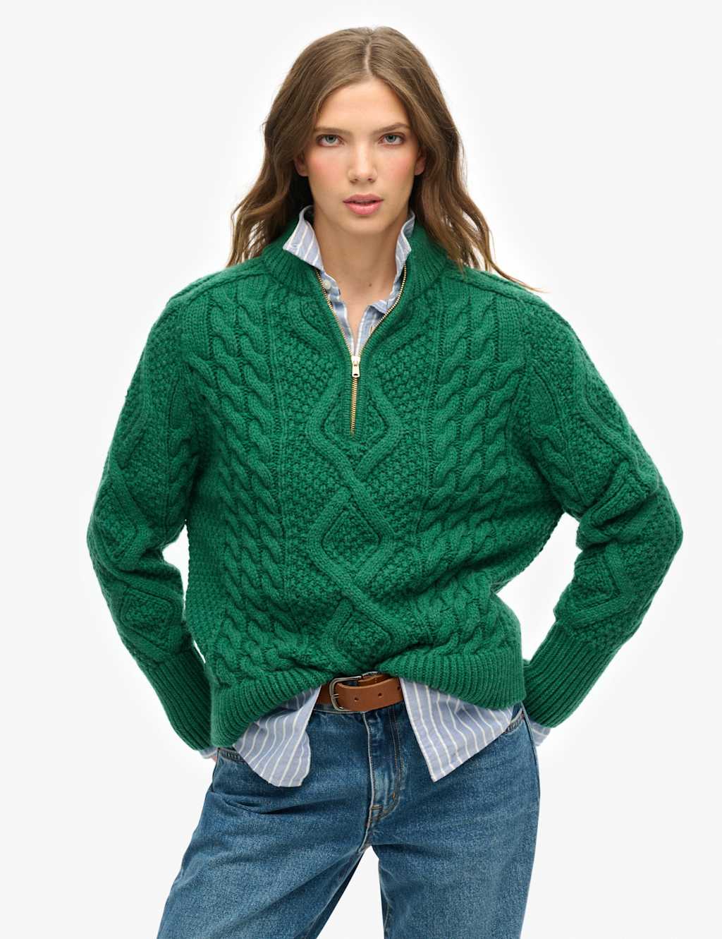 Cable Knit Funnel Neck Jumper with Wool 1 of 5