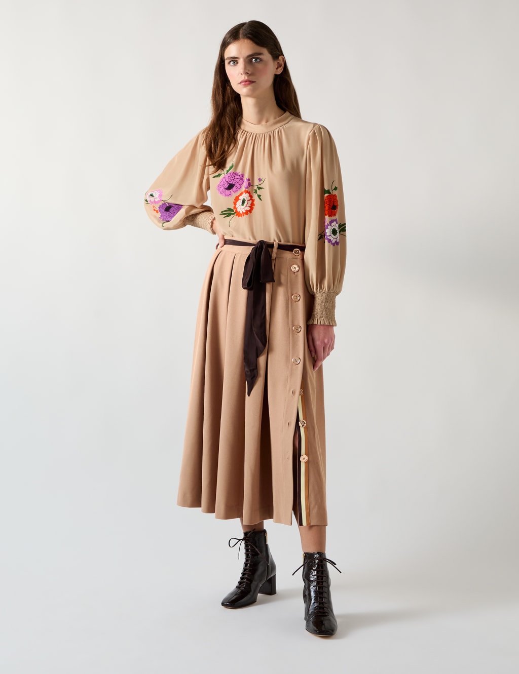 Twill Box Pleat Tie Waist Midi A-Line Skirt 3 of 4