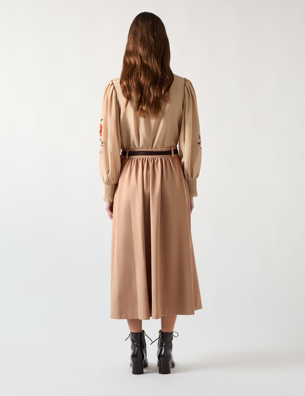 Twill Box Pleat Tie Waist Midi A-Line Skirt 4 of 4