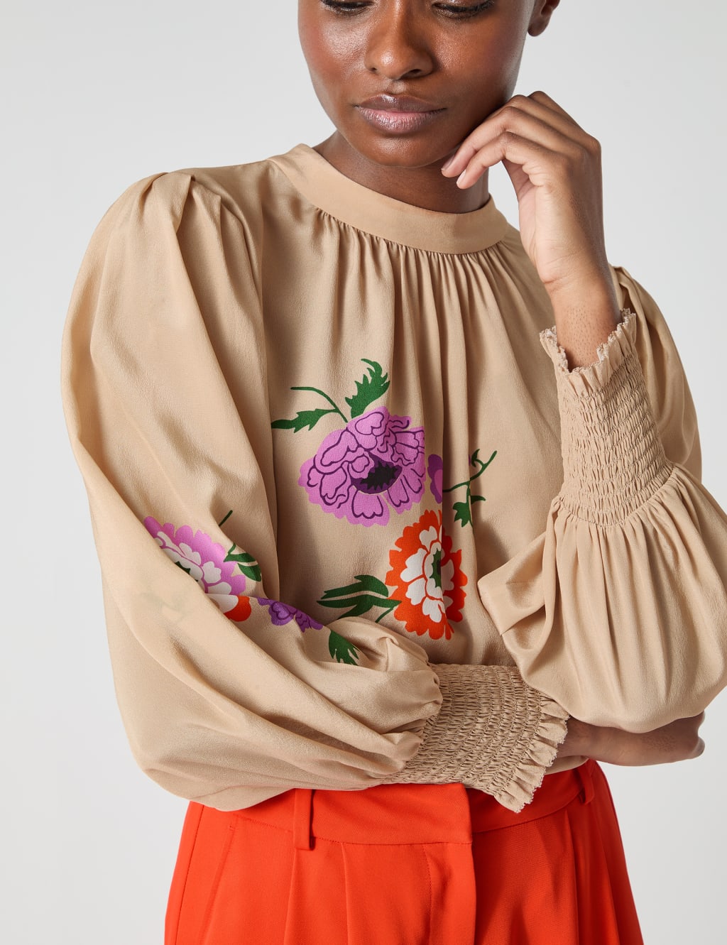 Pure Silk Floral Round Neck Blouse 3 of 4