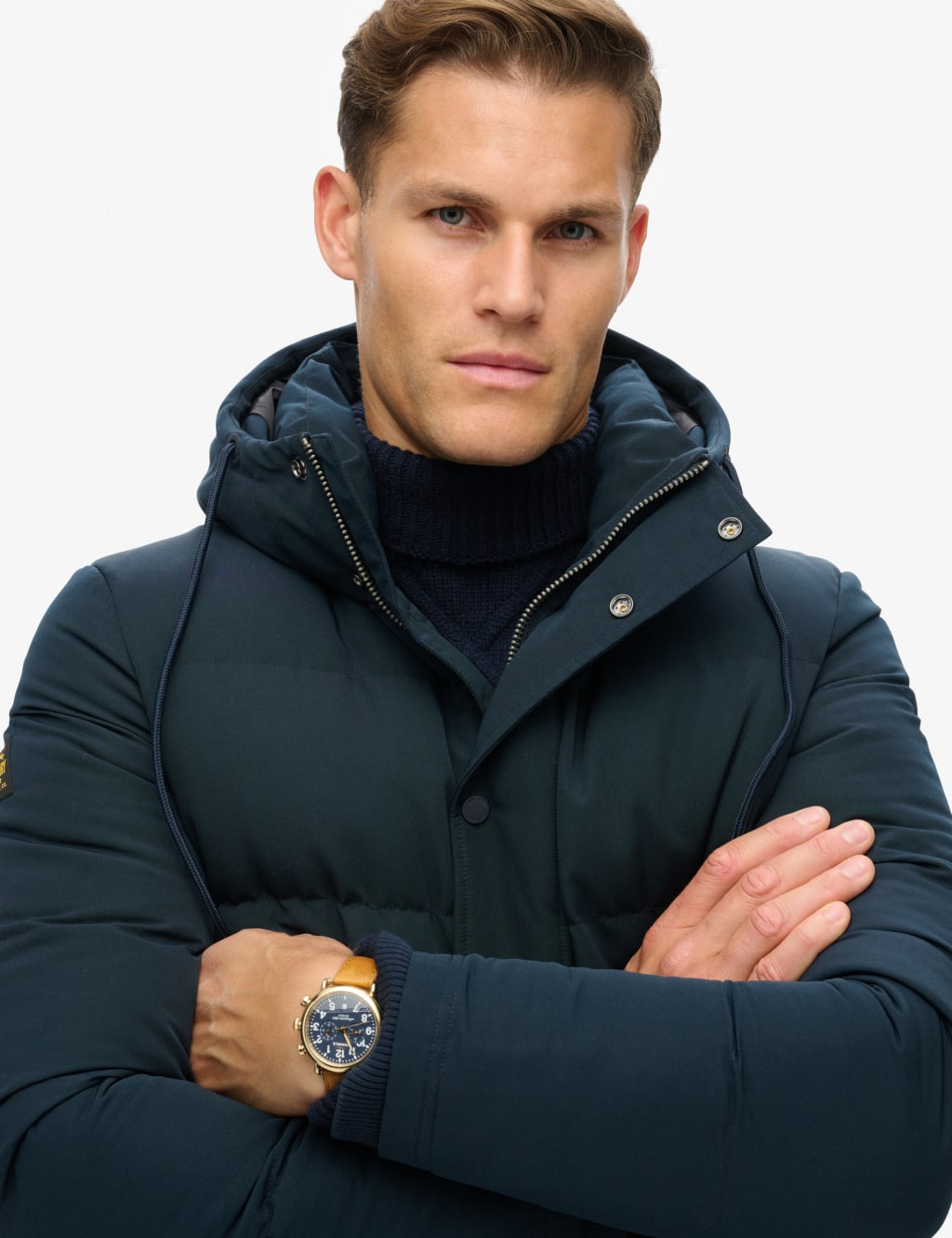 Quilted puffer jacket with fur hood top