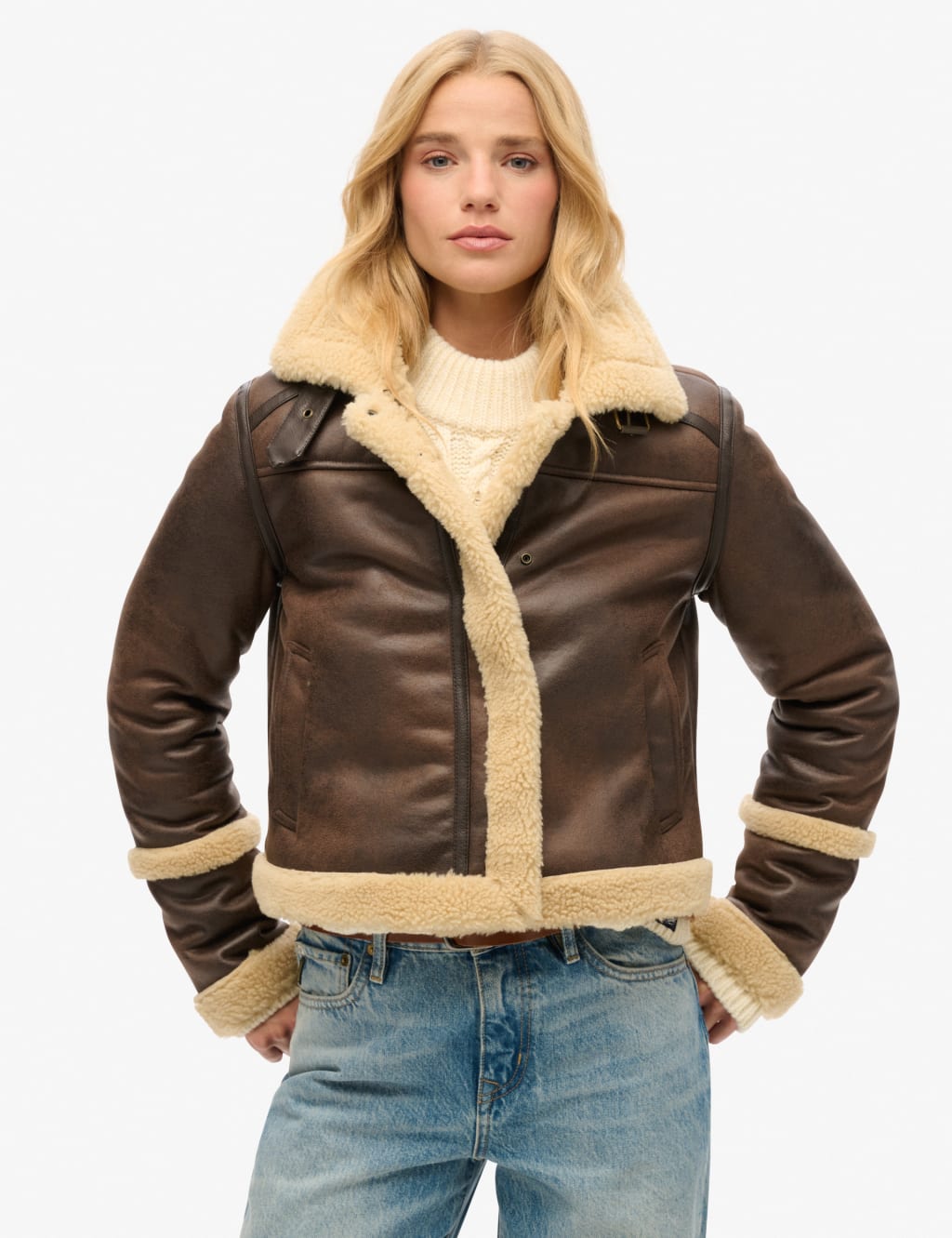 Faux Shearling Cropped Aviator Jacket 1 of 7