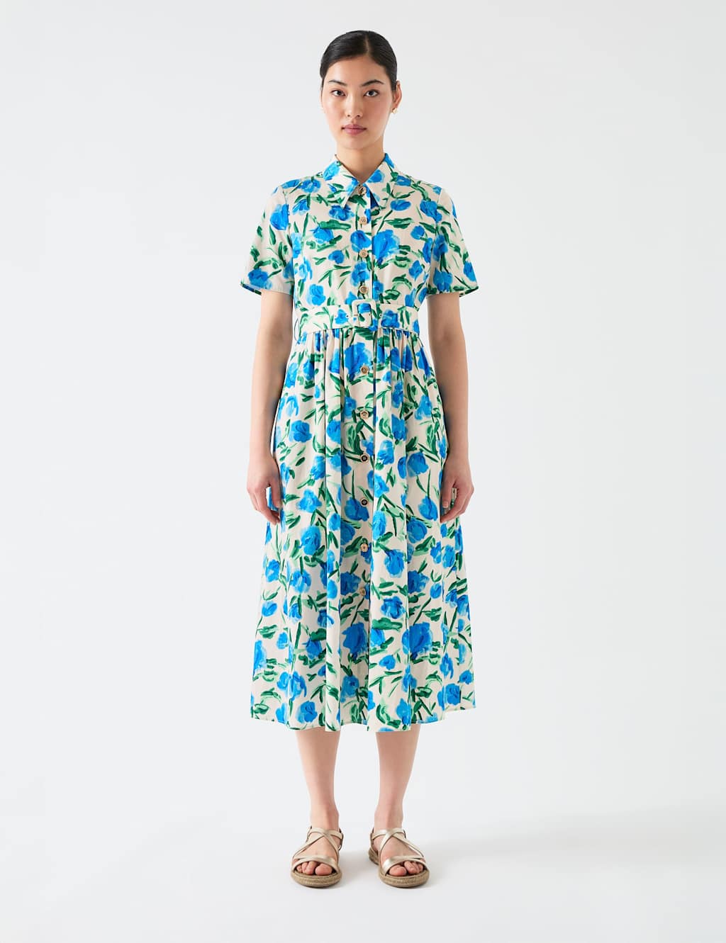 Pure Cotton Floral Belted Midi Shirt Dress 1 of 1
