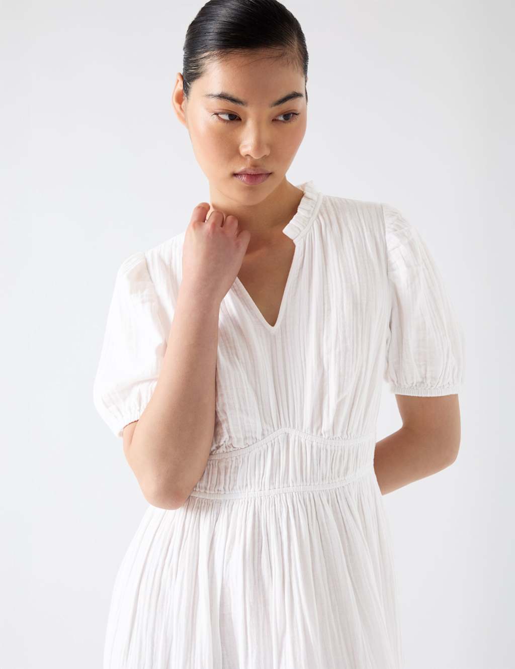 Pure Cotton V-Neck Midi Waisted Dress 3 of 3