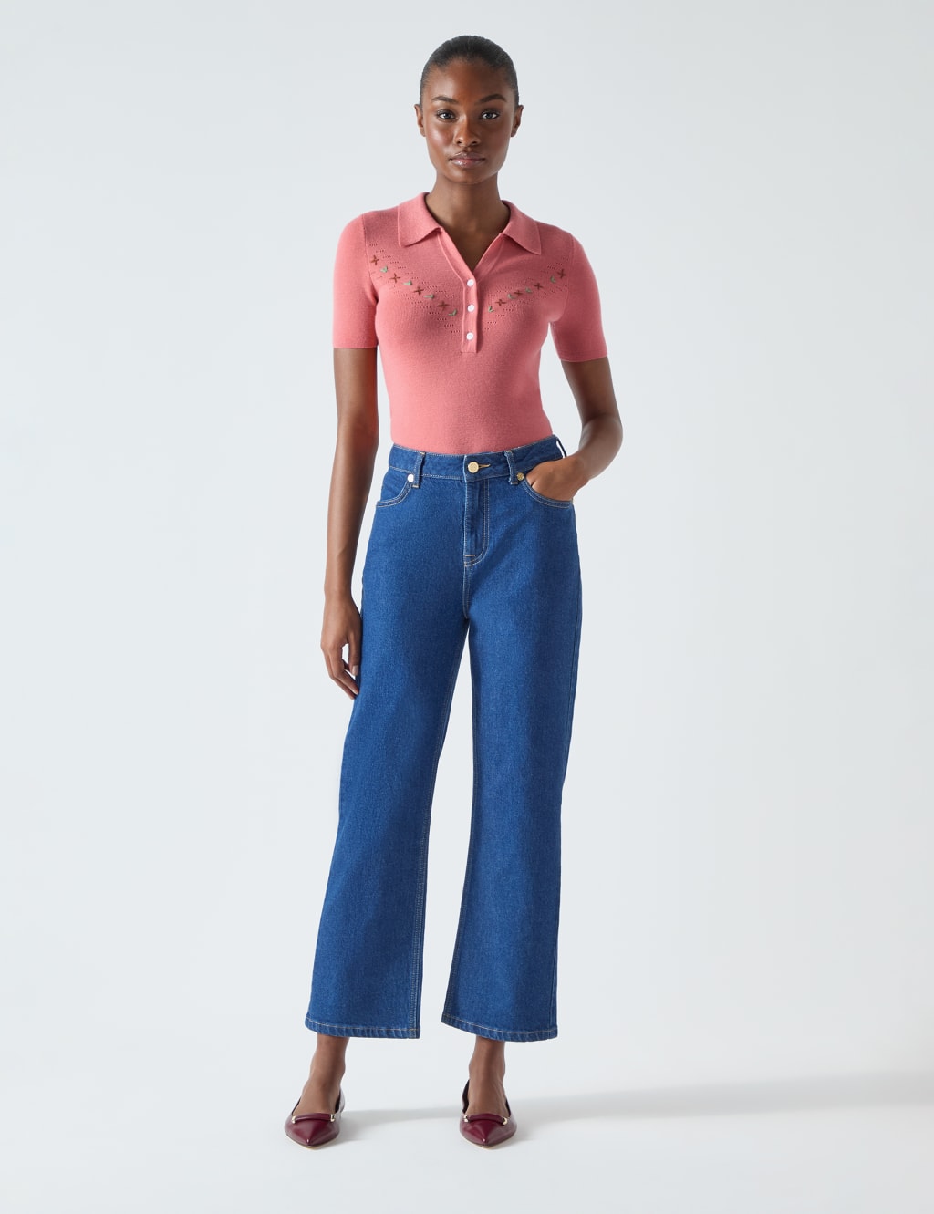 Cotton Rich Embroidered Collared Knitted Top 1 of 4