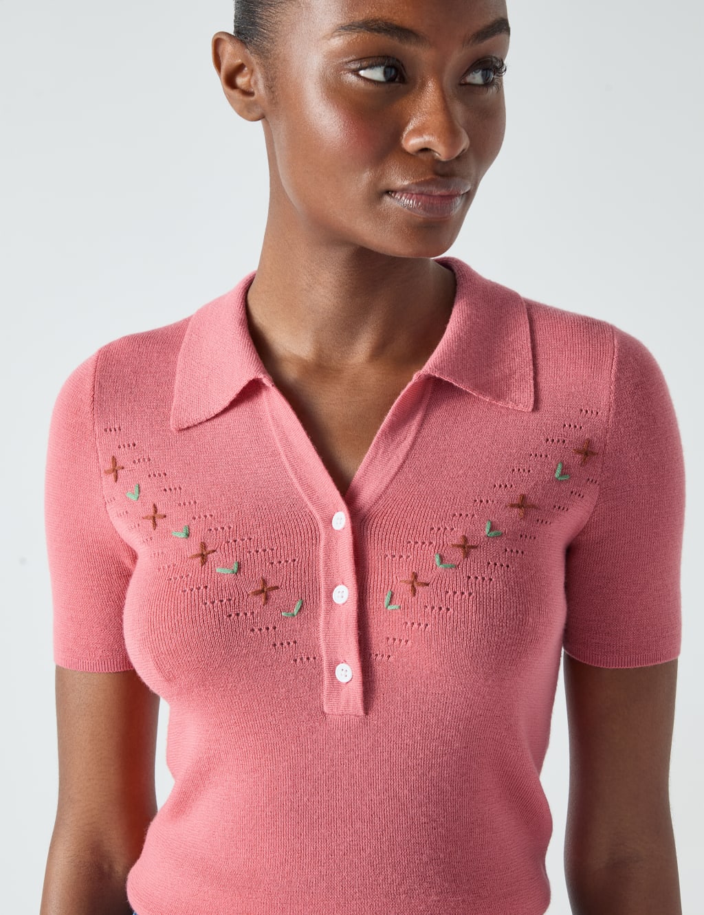 Cotton Rich Embroidered Collared Knitted Top 3 of 4