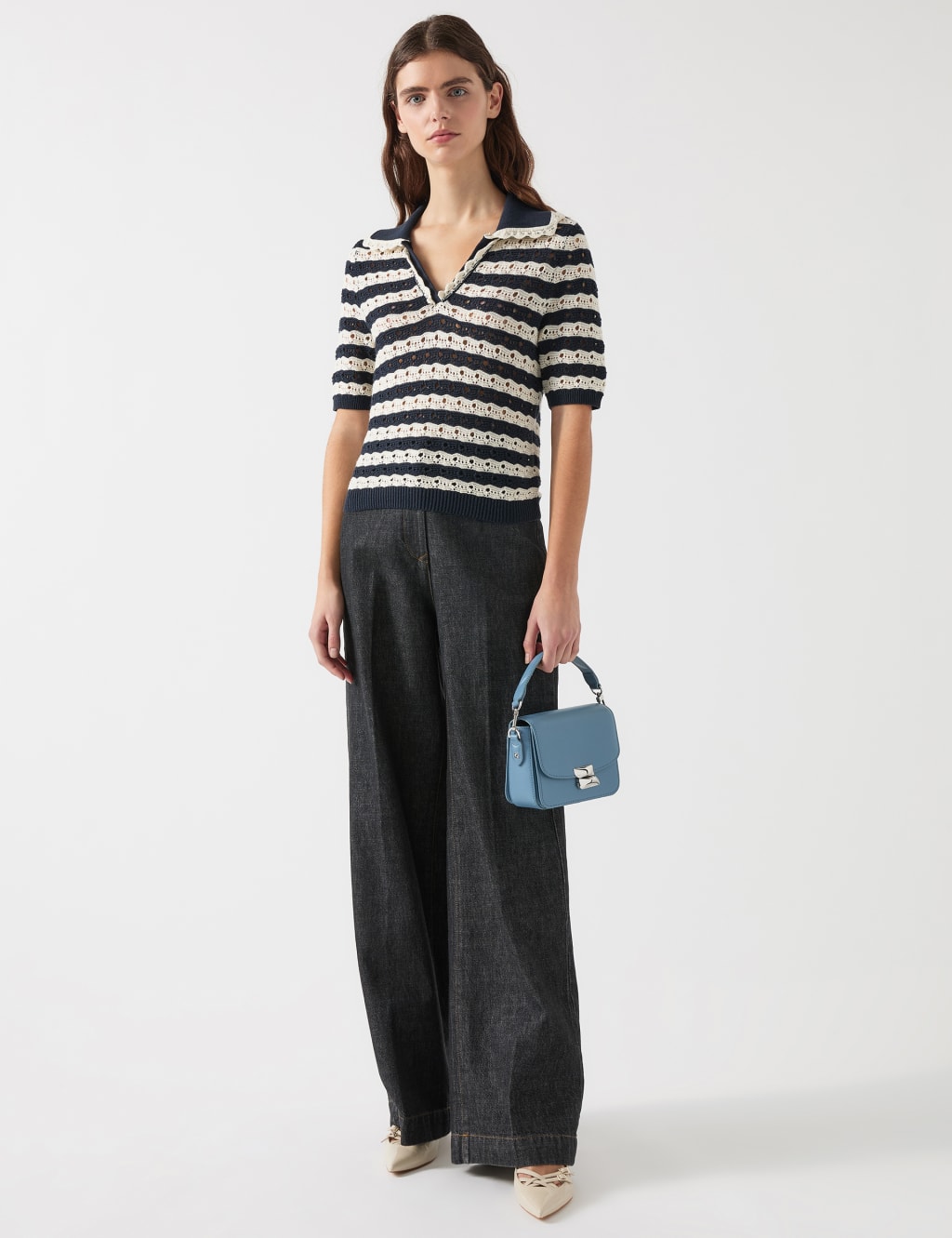 Cotton Rich Striped Collared Knitted Top 1 of 4