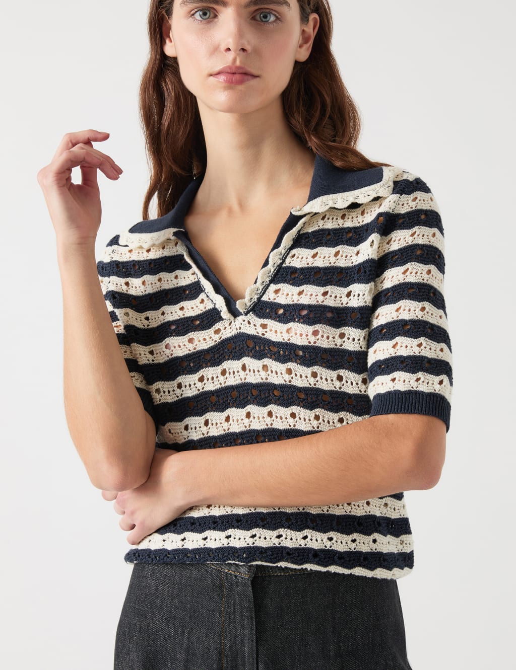 Cotton Rich Striped Collared Knitted Top 3 of 4