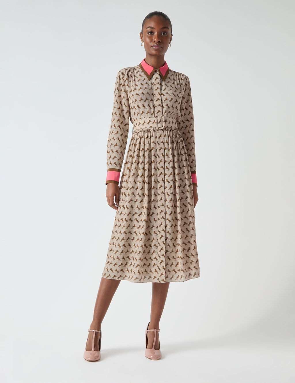 Pure Silk Printed Belted Midi Shirt Dress 1 of 4