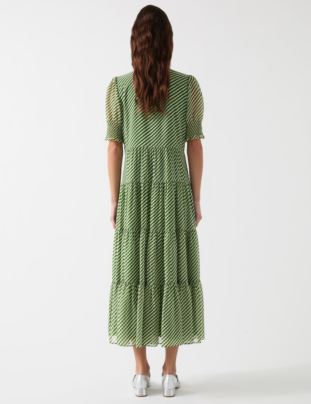 Striped V-Neck Tie Neck Midi Tiered Dress 3 of 4