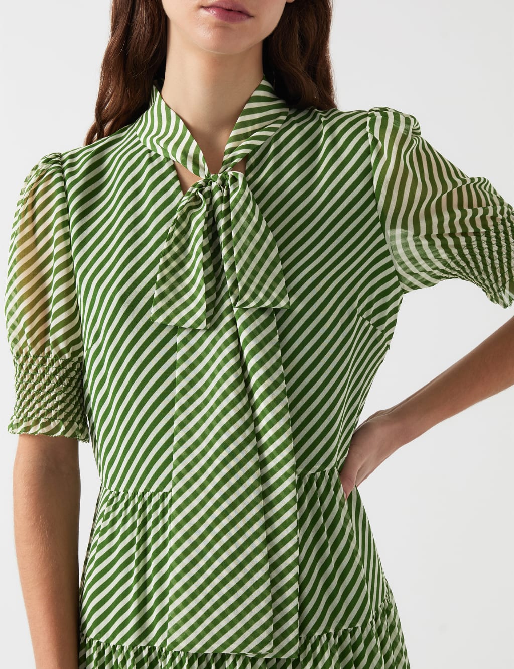 Striped V-Neck Tie Neck Midi Tiered Dress 4 of 4