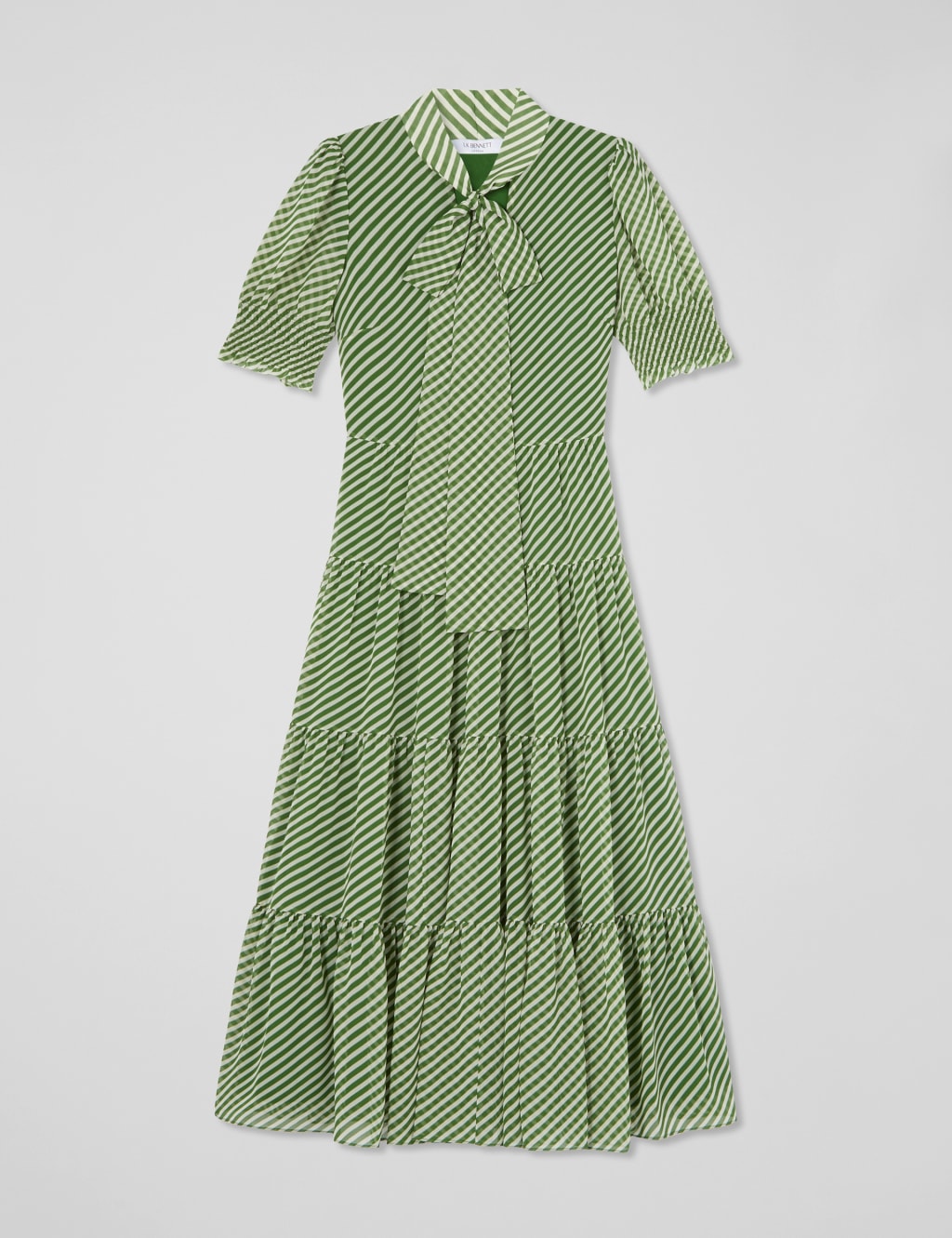 Striped V-Neck Tie Neck Midi Tiered Dress 2 of 4