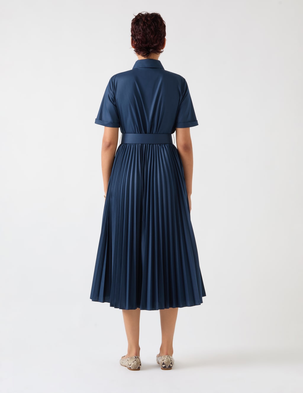 Collared Belted Pleated Midi Shirt Dress 3 of 4
