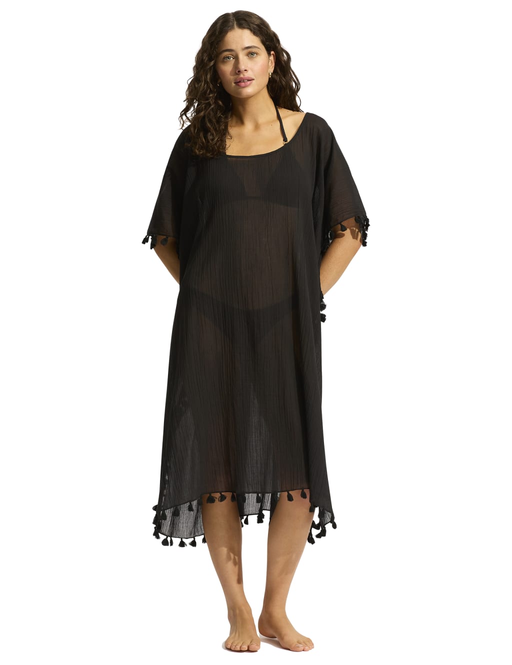Amnesia Pure Cotton Tassel Trim Kaftan Beach Dress 1 of 4