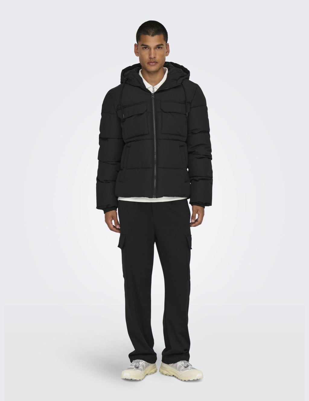 Black hooded puffer jacket with funnel neck clearance
