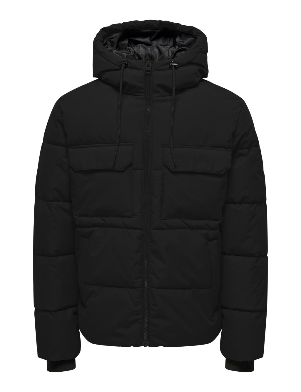 Black hooded puffer jacket with funnel neck deals